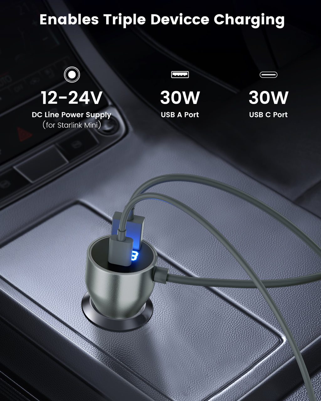 Mwin Car Adapter for Starlink Mini, Starlink Mini Cable 3 in 1 Accessories DC Car Charger, 12V-24V Cigarette Lighter Adapter with Digital Display, High Speed USB C/USB A 30W Ports, Ideal for Truck, R