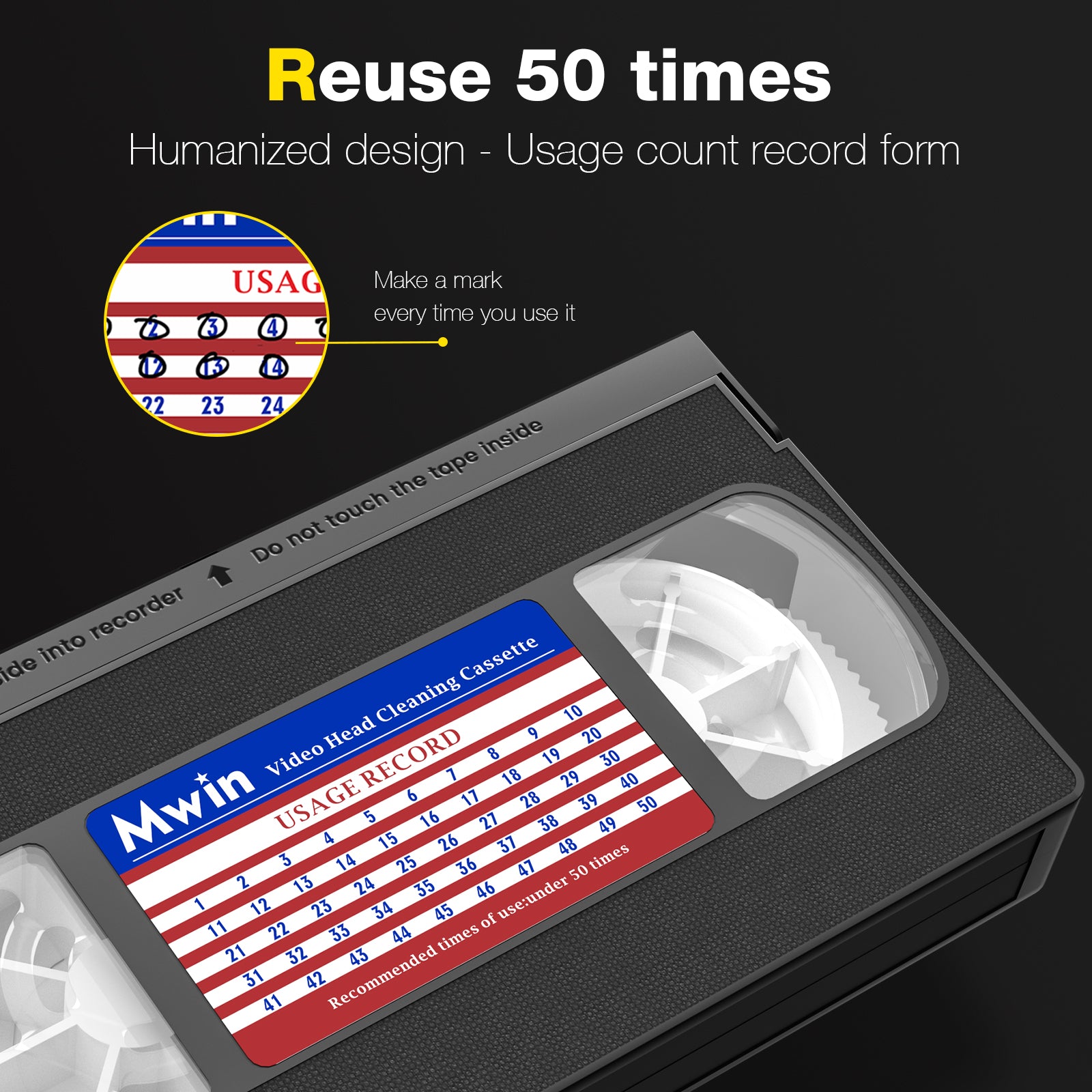 Mwin VHS Head Cleaner for VHS/VCR Players,Dry Technology- No Fluid Reusable Video Head Cleaner Tape